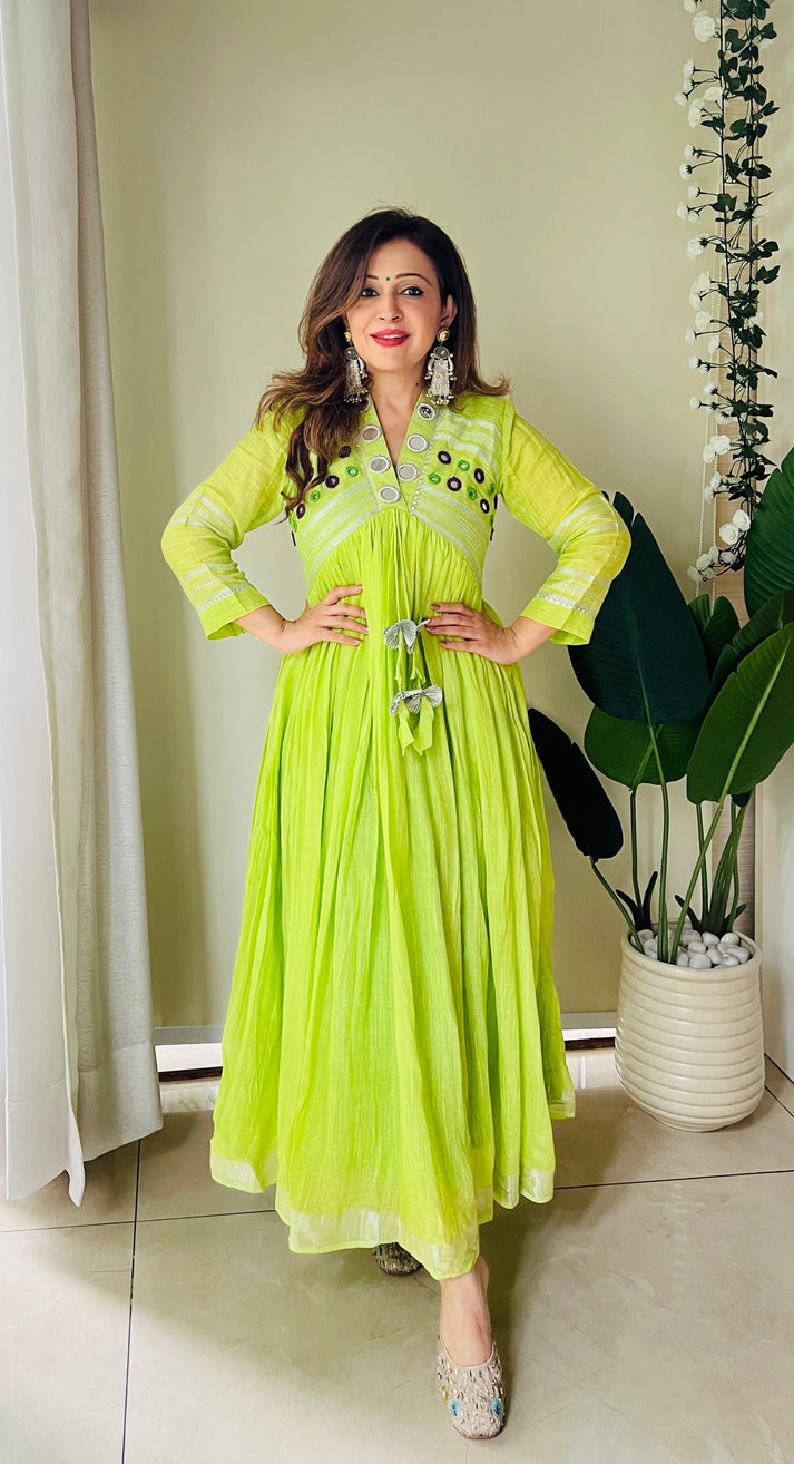Neon green linen midi dress