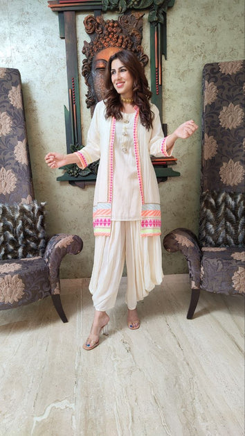 white ethnic wear with neon trim