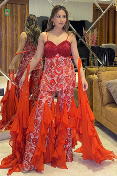 Red Floral Embellished Ruffle Jumpsuit Gown