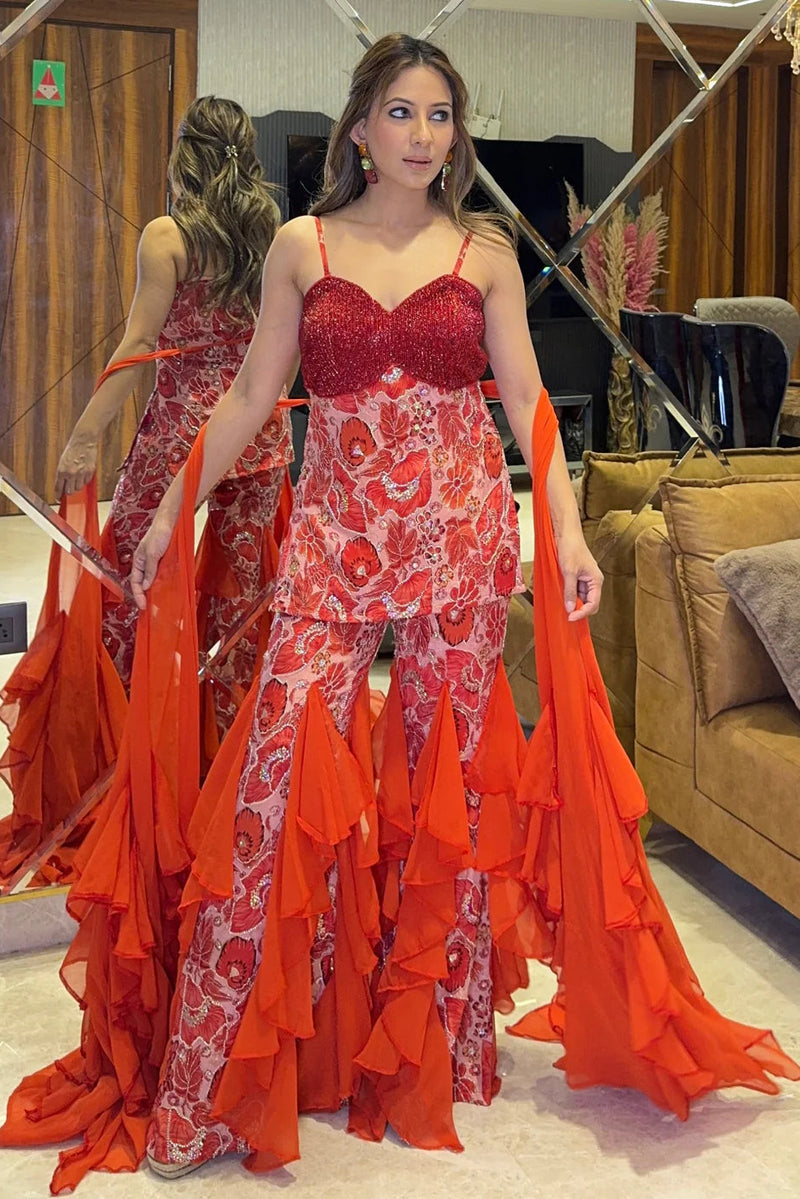 Red Floral Embellished Ruffle Jumpsuit Gown