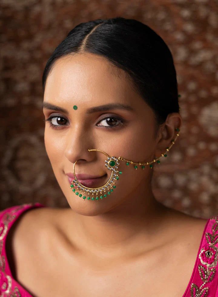 Emerald Pearl Bridal Nath/Nose pin