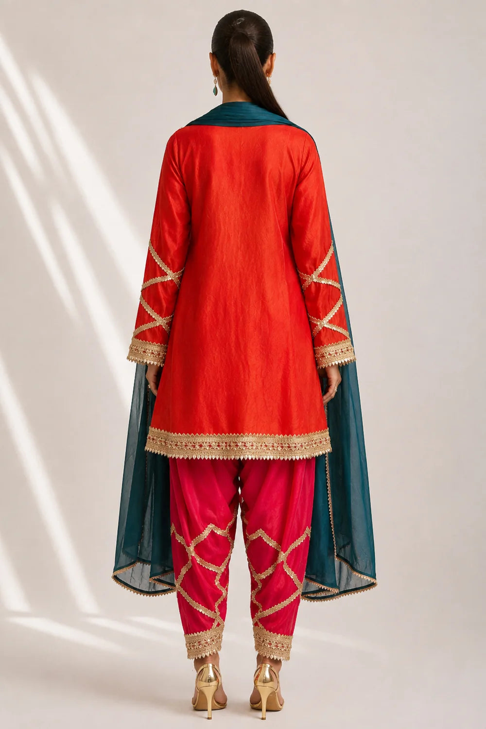 Silk Blend Red Kurti Pant Set with Embroidered Dupatta – 3 Piece Festive Suit