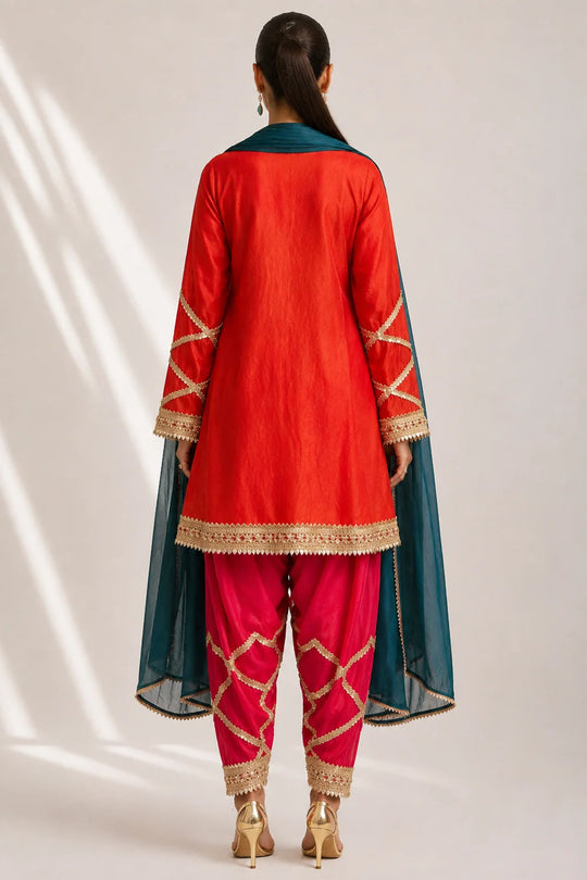 Silk Blend Red Kurti Pant Set with Embroidered Dupatta – 3 Piece Festive Suit