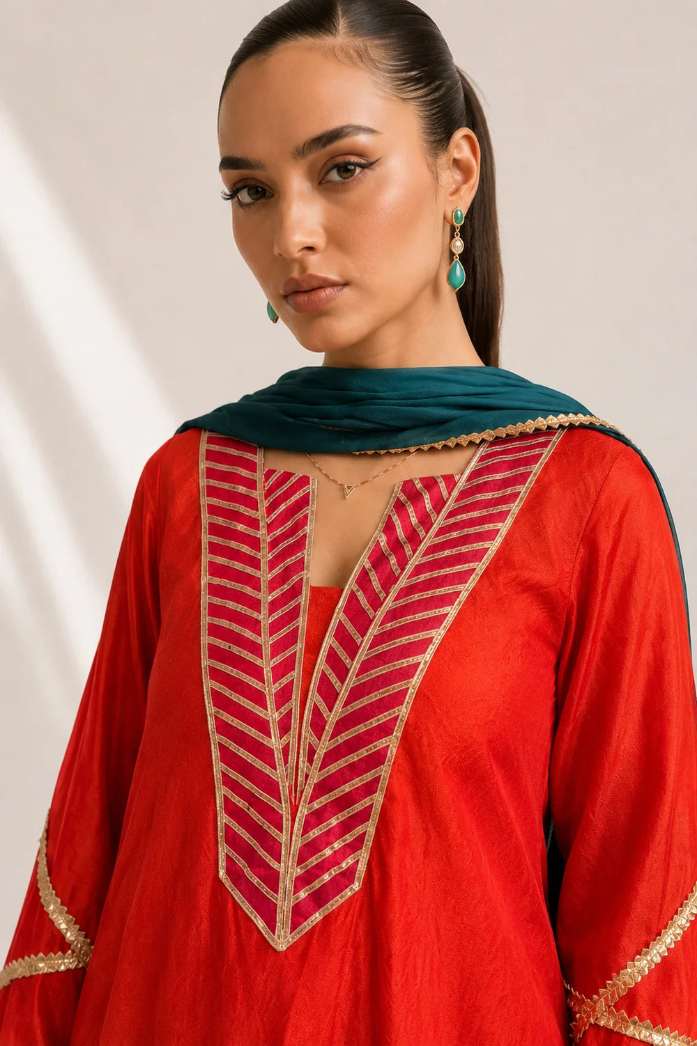 Silk Blend Red Kurti Pant Set with Embroidered Dupatta – 3 Piece Festive Suit
