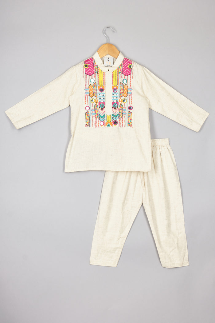 Off White Flax Kurta Pyjama for Boys