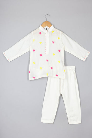 Off-White Heart Embroidered Kurta Pyjama for Boys