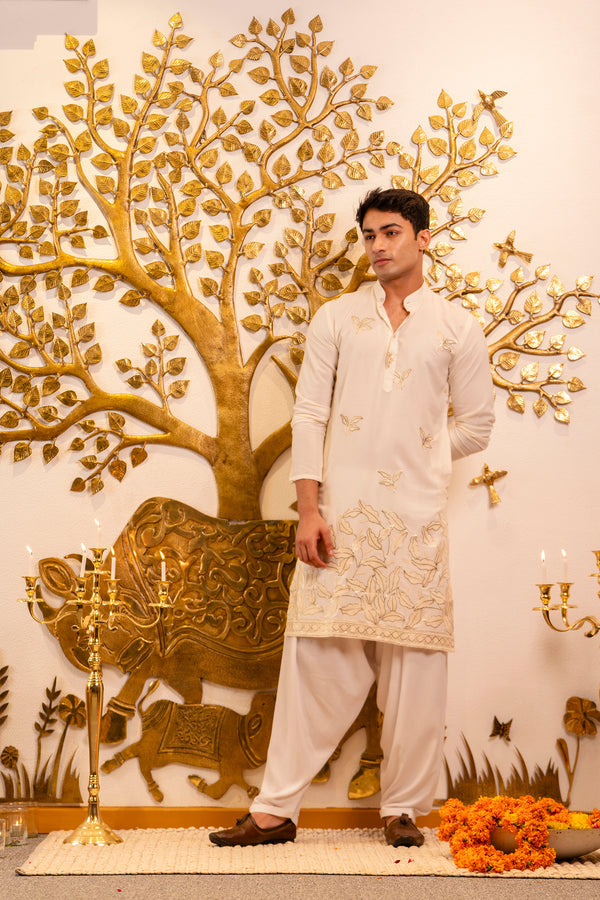 Off White Gold Work Chikan Kurta for Men