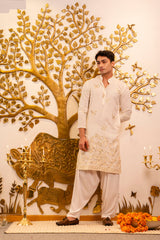 Off White Gold Work Chikan Kurta for Men