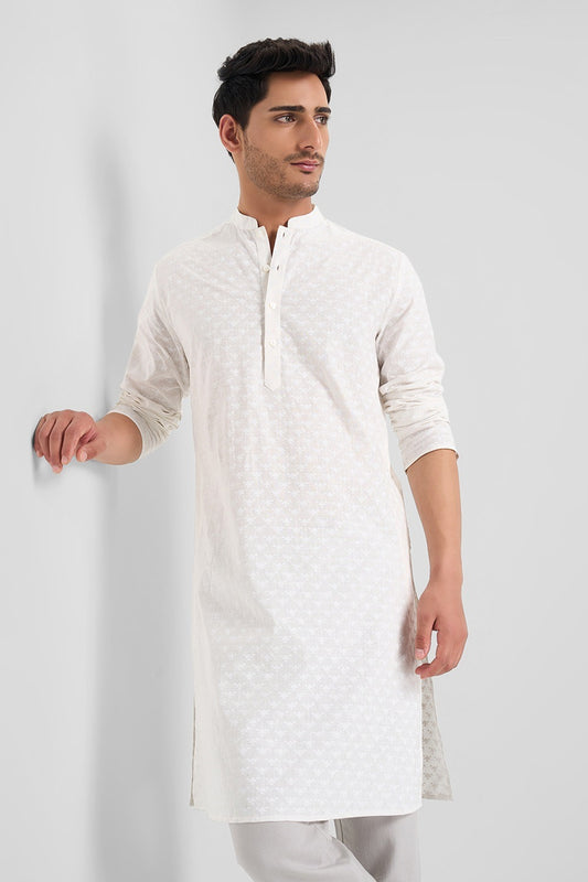 Off White Printed Knee Length Kurta Men 1000