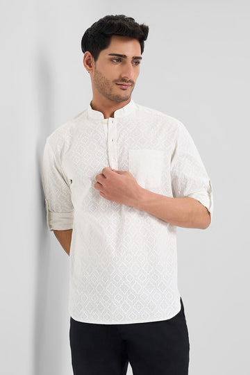 Off White Textured Kurta Men