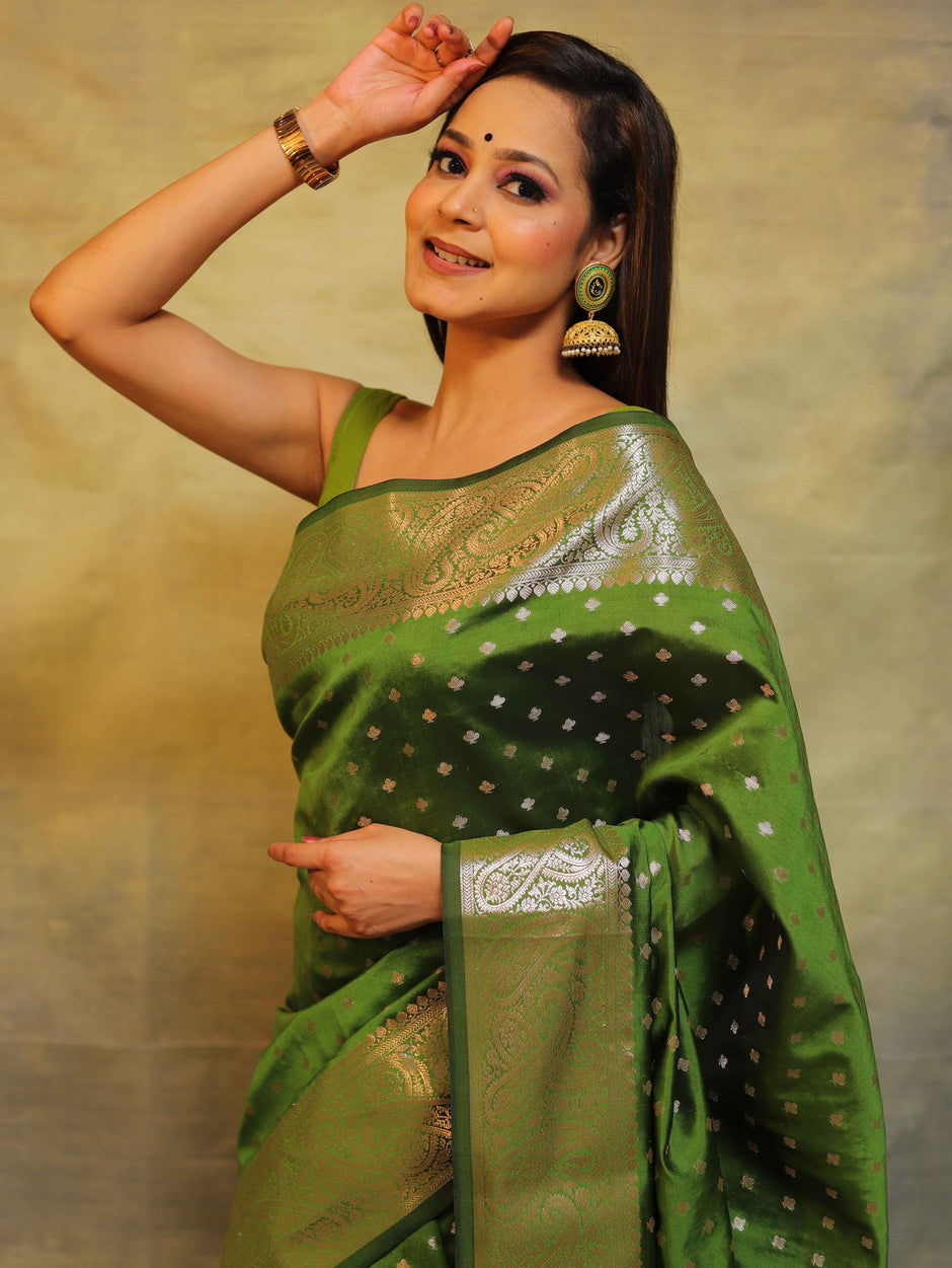 Olive green silk saree