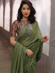 Olive Green Bhagalpur Cotton Silk Ghichha Saree