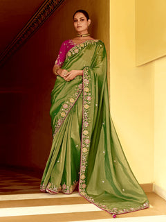 🌿 Olive Green Designer Tissue Silk Saree