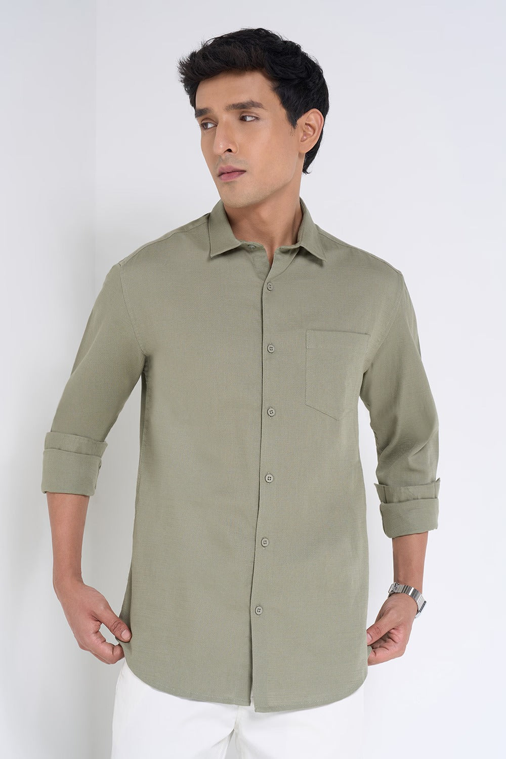 olive button-down shirt