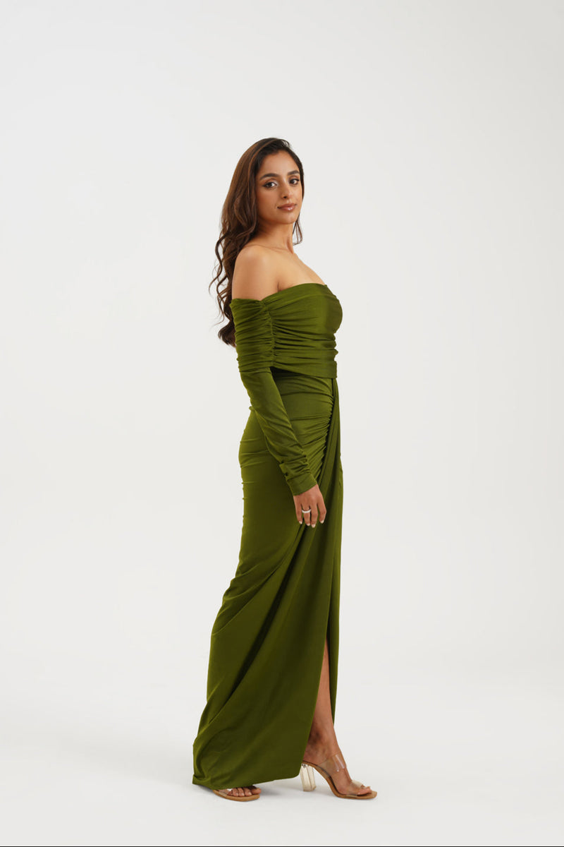 off-shoulder evening dress