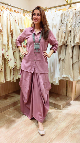 Onion Pink Drape Skirt Set For Women