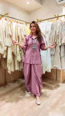 Onion Pink Drape Skirt Set For Women
