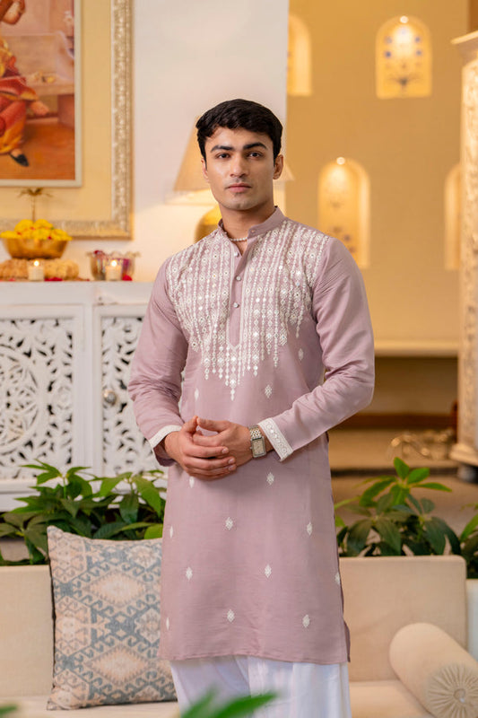 Onion Pink Mirror Work Kurta for Men 600