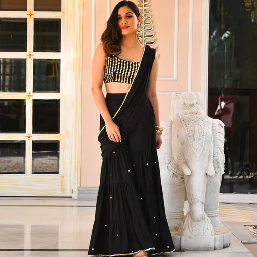 Black Cotton Silk Draped Saree with Blouse