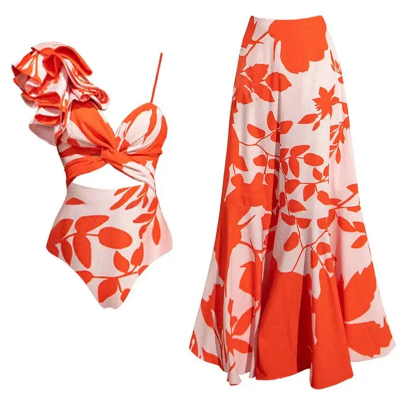 Orange Harley Swimsuit with Sarong Skirt
