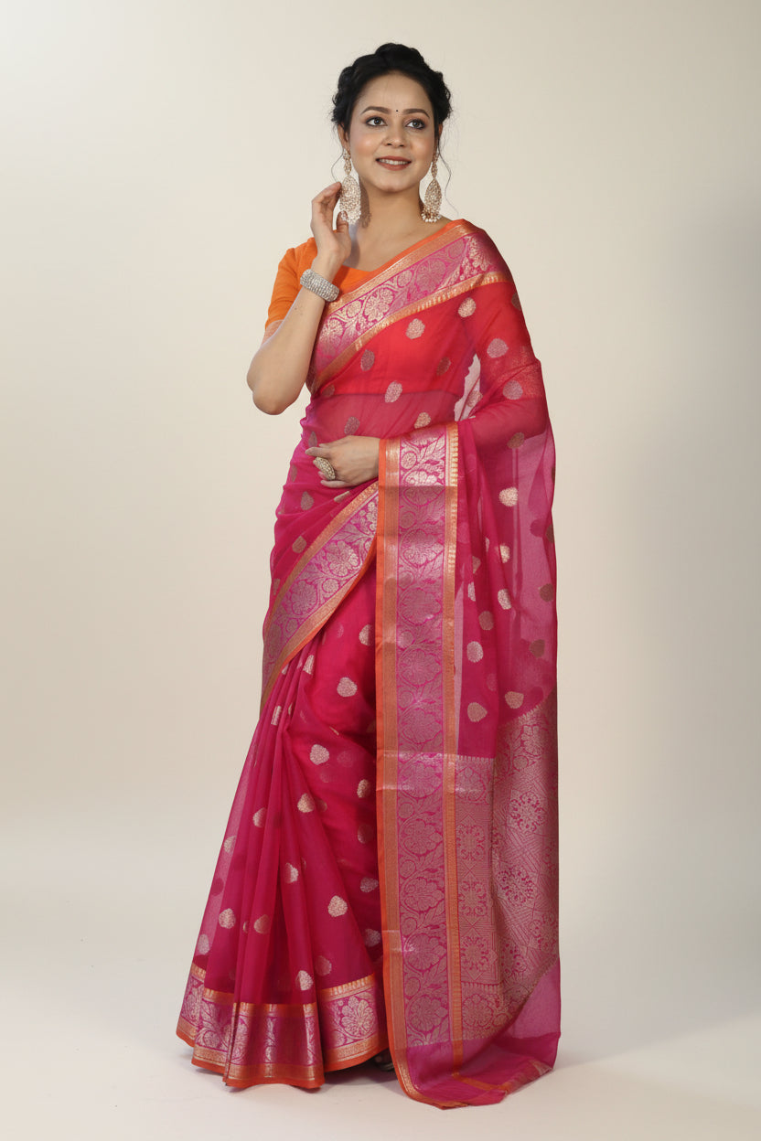 Banarasi Organza Saree with Gold Butti and Zari Border in Rani Pink