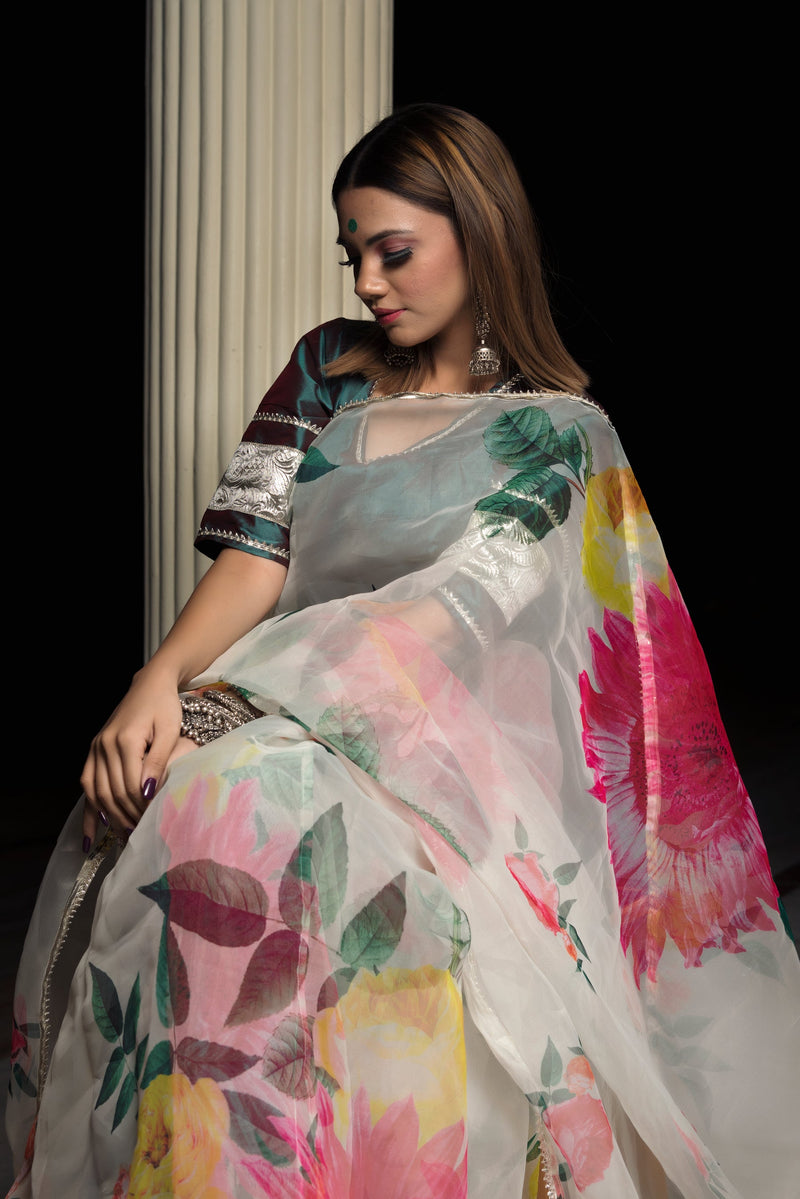 Organza saree with golden lace pallu
