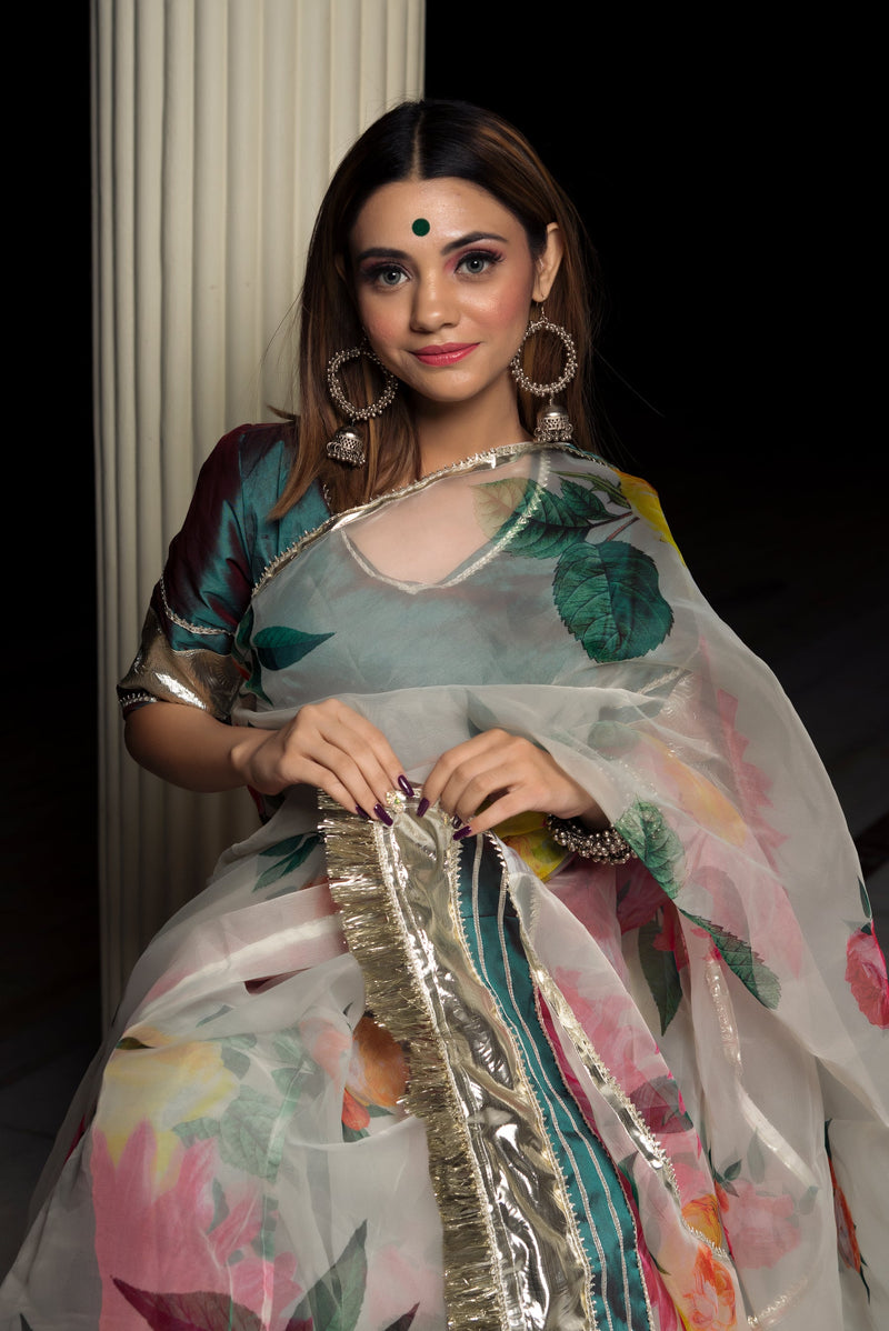 Custom size off white saree for women