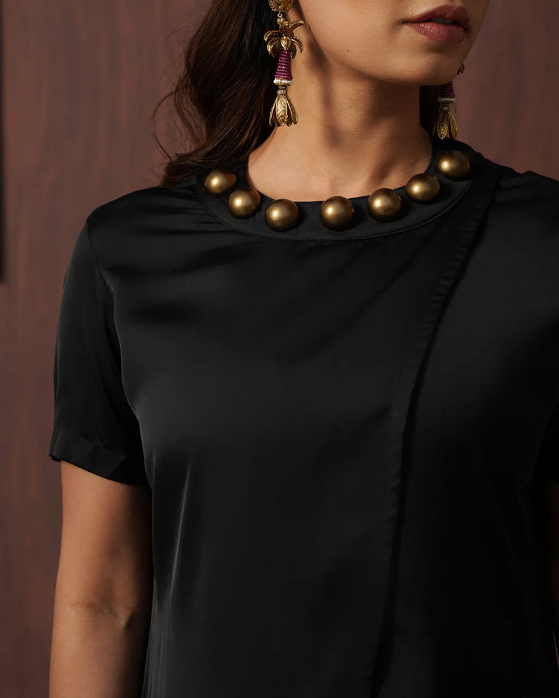 Black Overlap Kurta Set with Printed Wide-Leg Palazzo