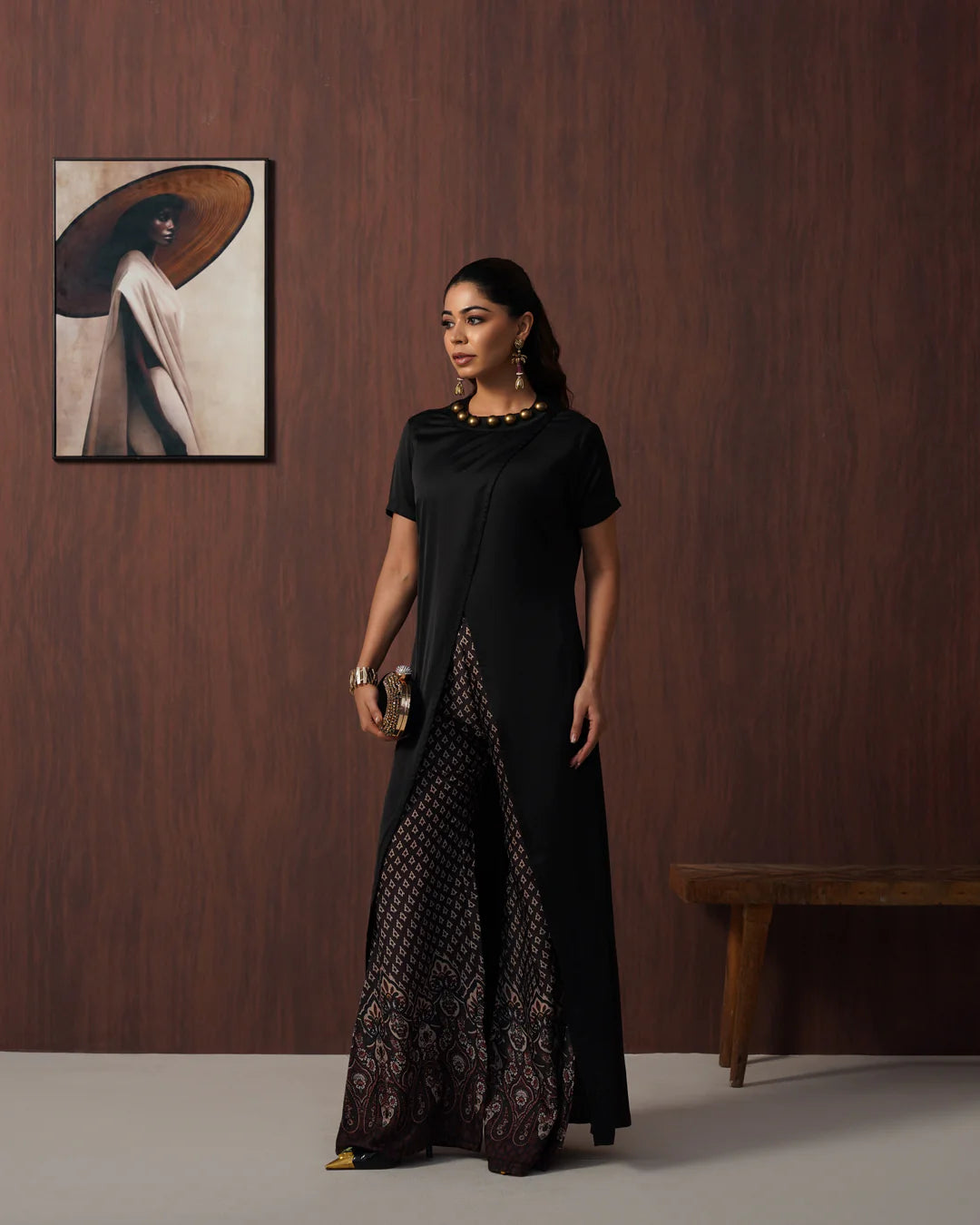 Black Overlap Kurta Set with Printed Wide-Leg Palazzo