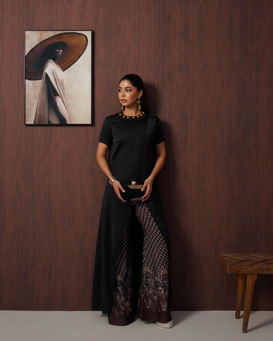 Black Overlap Kurta Set with Printed Wide-Leg Palazzo