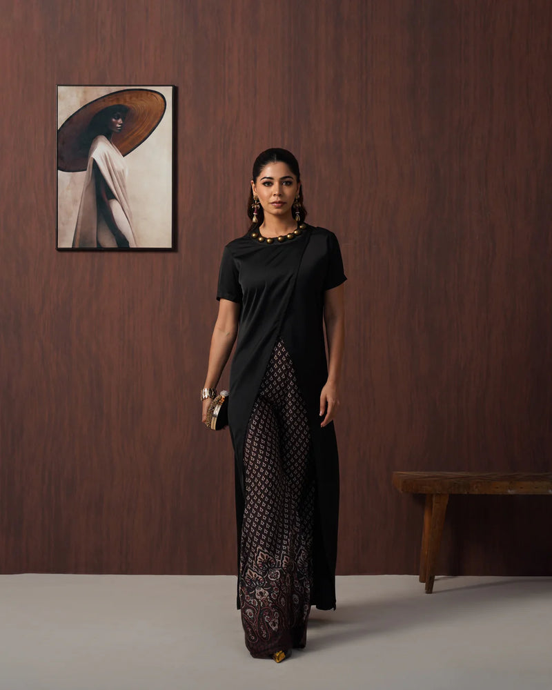Black Overlap Kurta Set with Printed Wide-Leg Palazzo