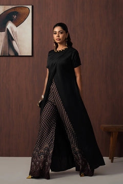 Black Overlap Kurta Set with Printed Wide-Leg Palazzo
