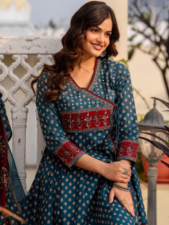 Neel Noor Ethnic Motifs Printed Angrakha Pure Cotton Anarkali Set with Dupatta