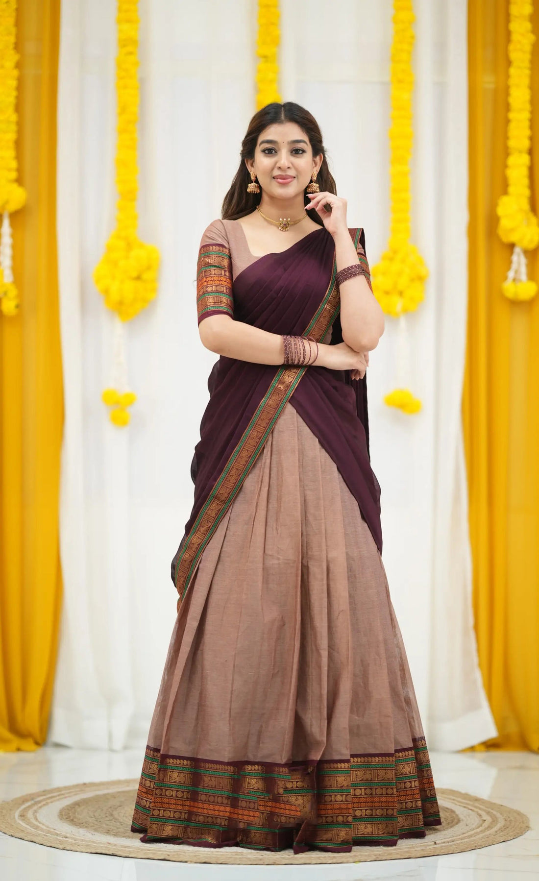Padmaja Cotton Half Saree in Light & Dark Brown