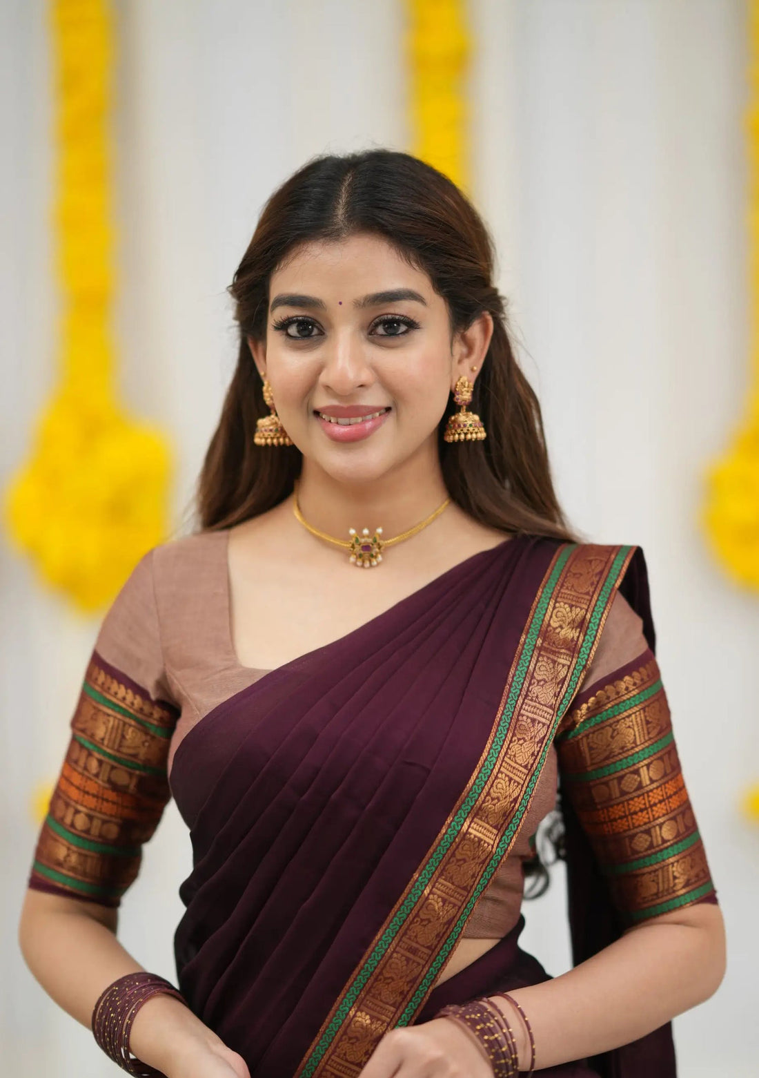 cotton saree with georgette dhavani