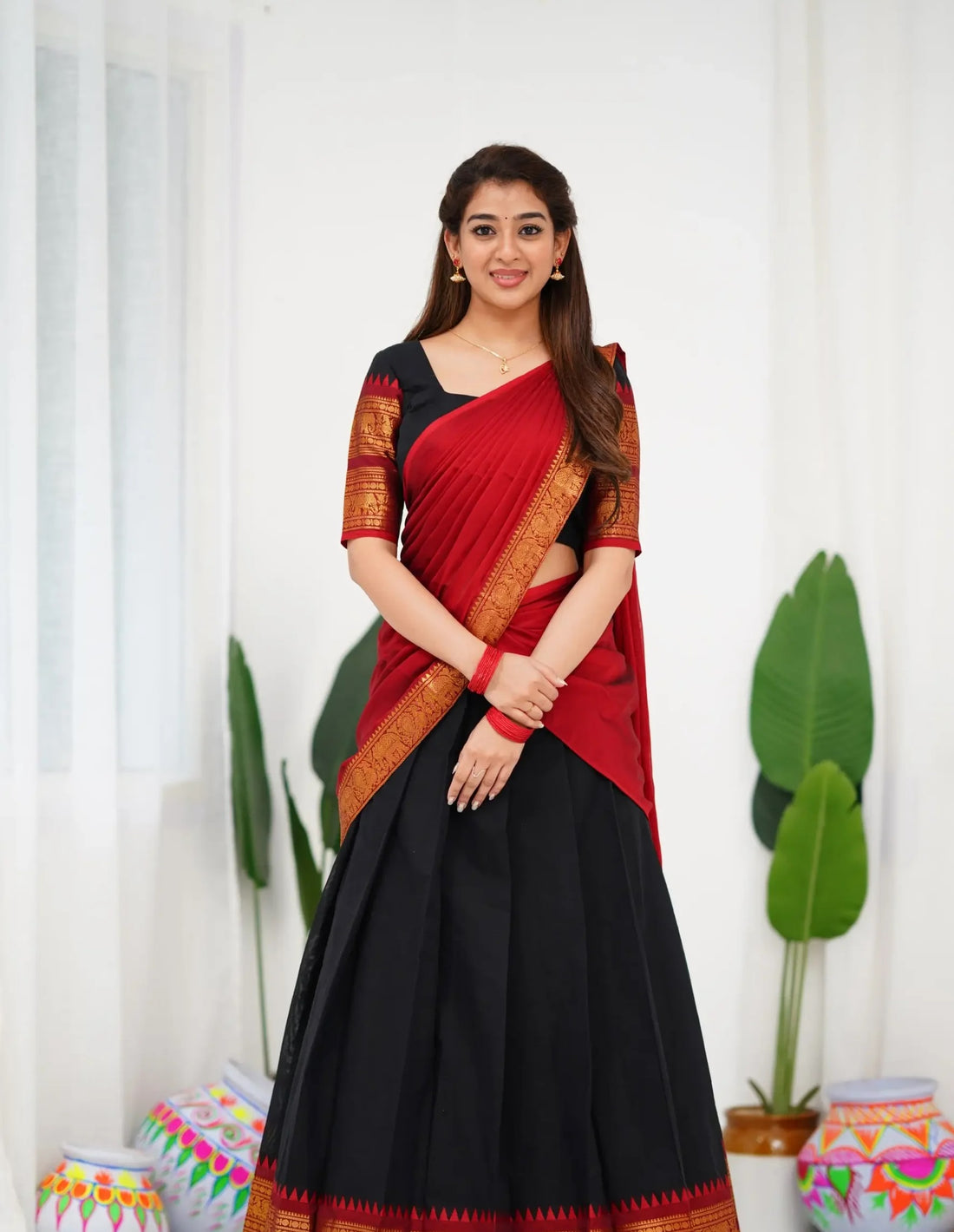 Padmaja Black and Maroon Cotton Half Saree