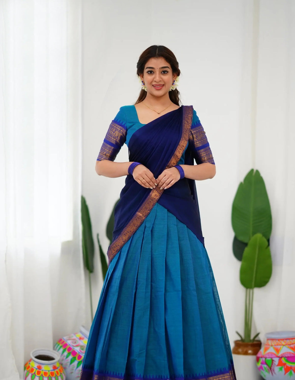Padmaja Blue and Royal Blue Cotton Half Saree
