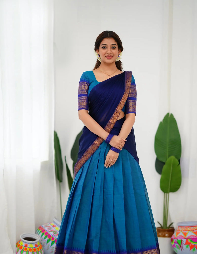 royal blue cotton half saree
