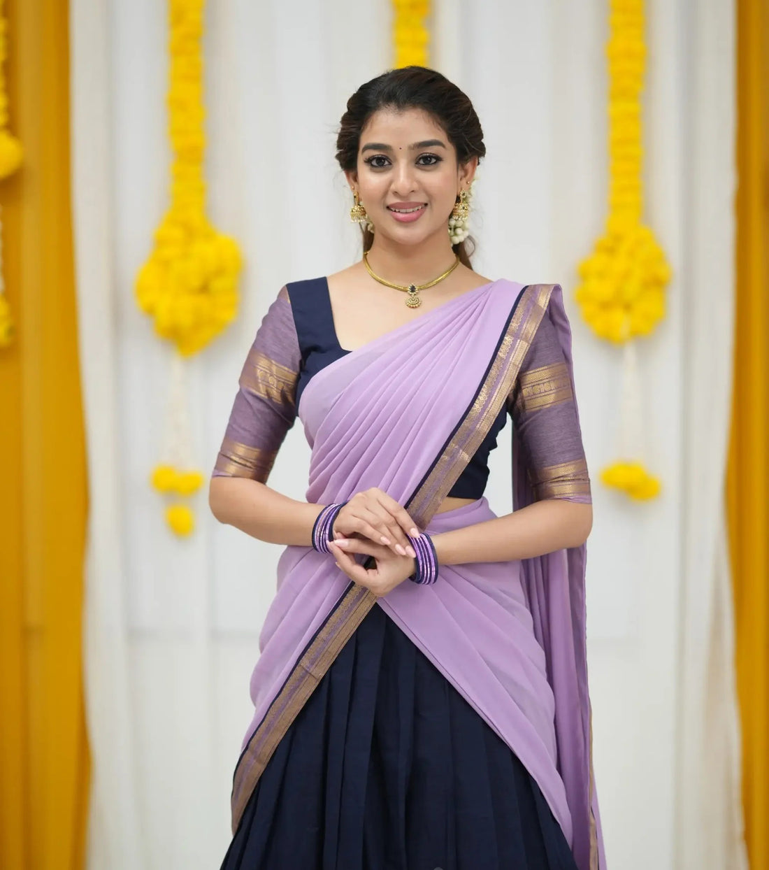 Padmaja Navy Blue and Lavender Cotton Half Saree