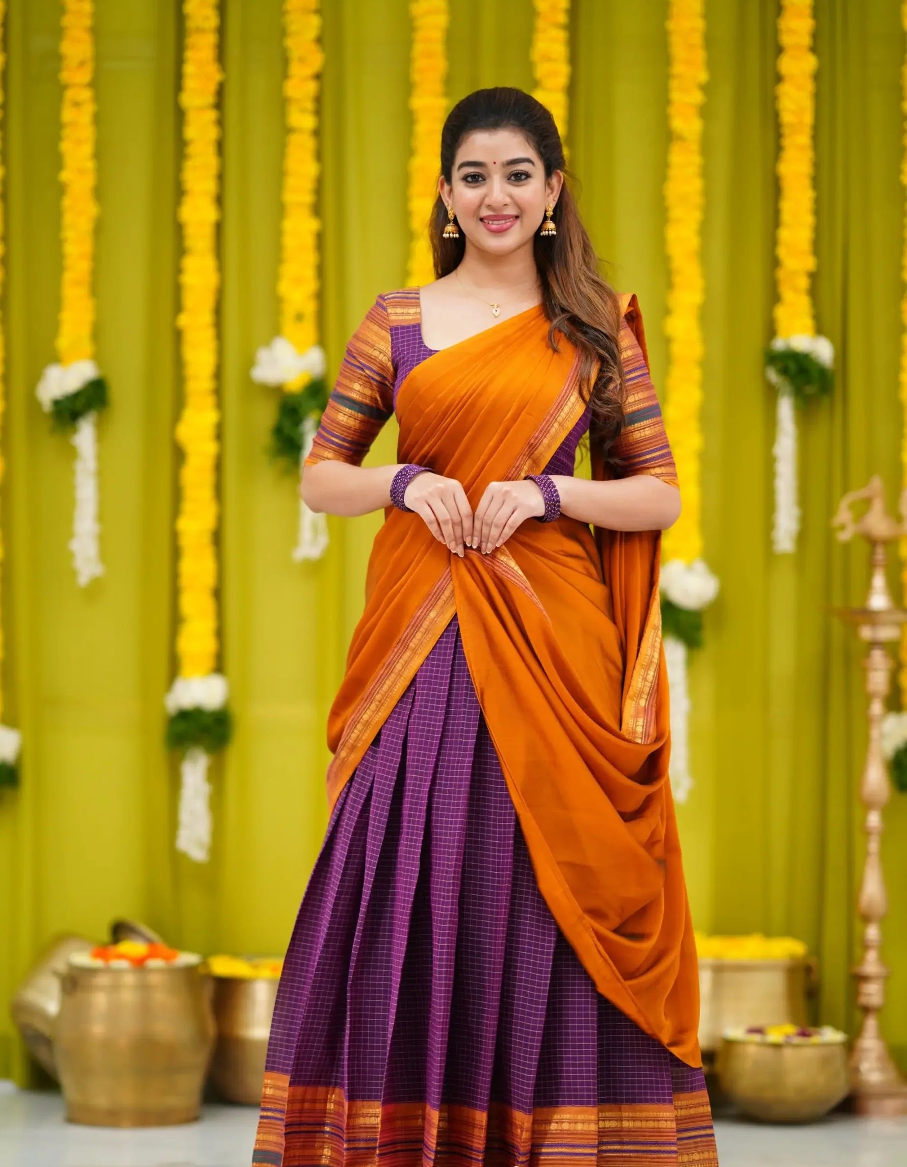 purple and mustard orange ethnic wear