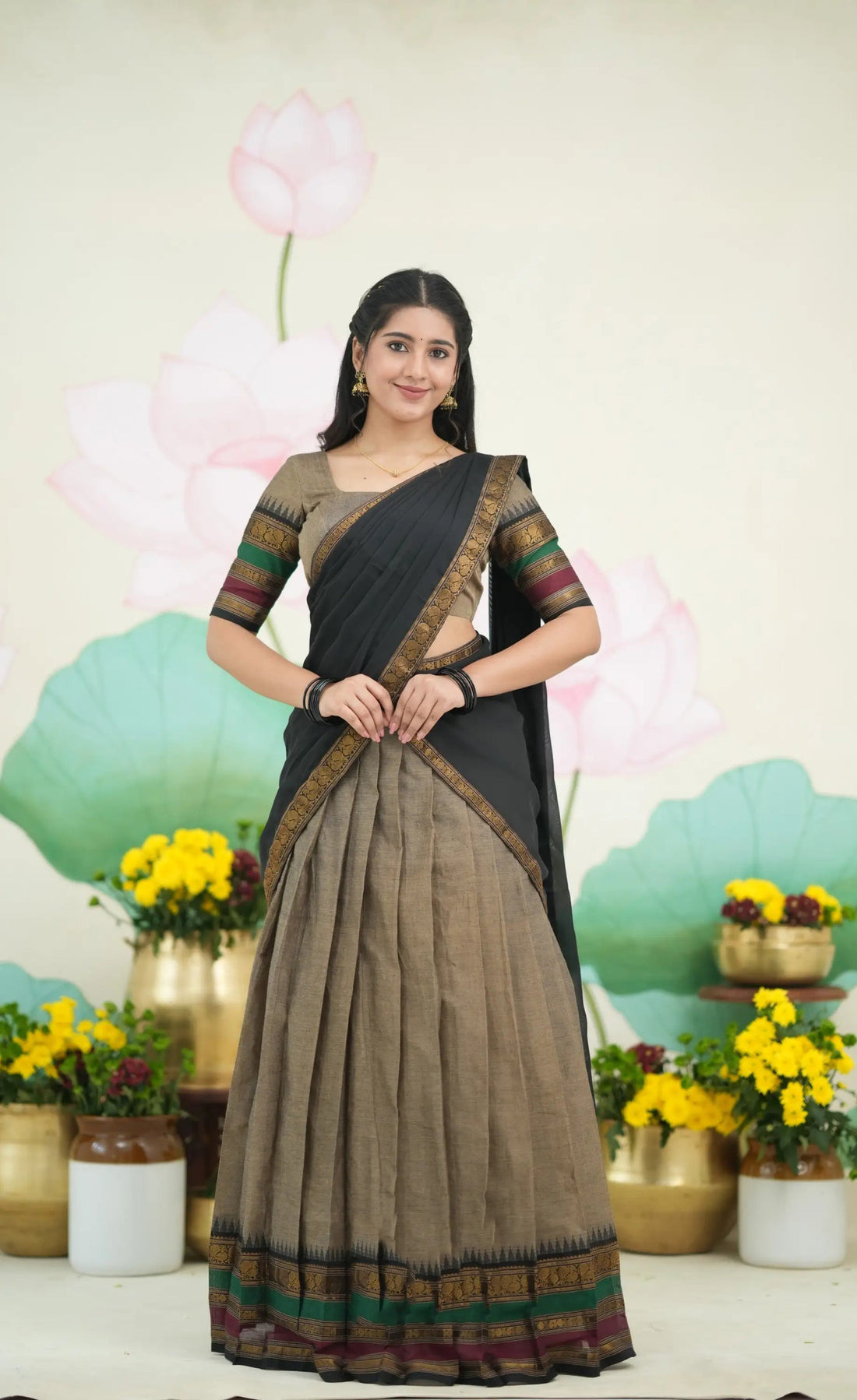 Padmaja Cotton Half Saree in Greyish Brown & Black