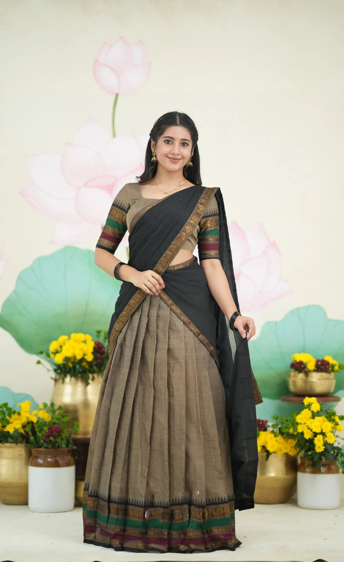 grey and black half saree