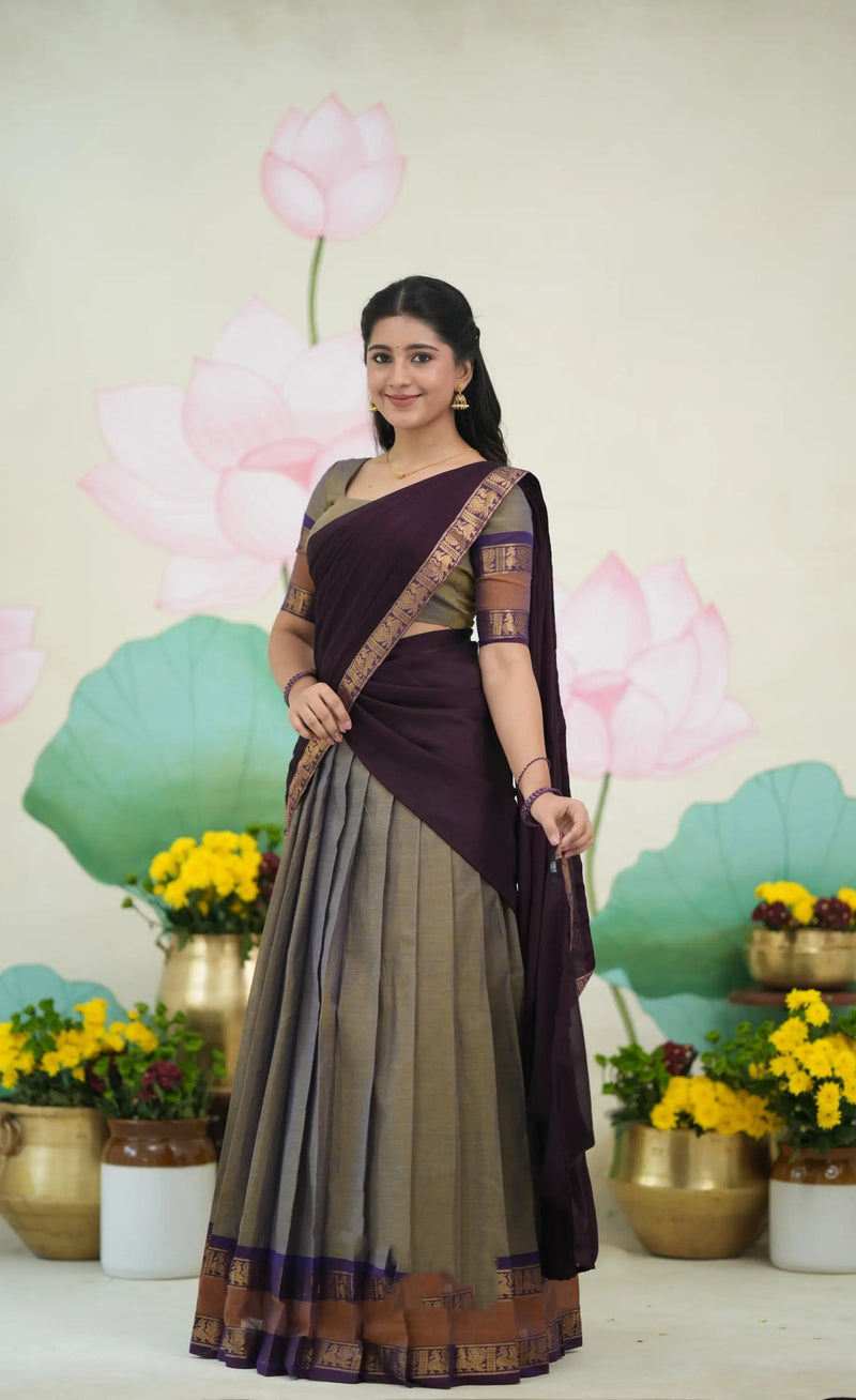 grey plum half saree