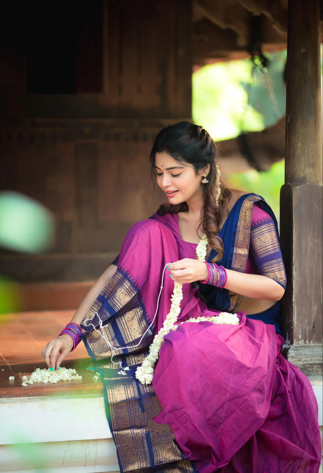 magenta and navy half saree