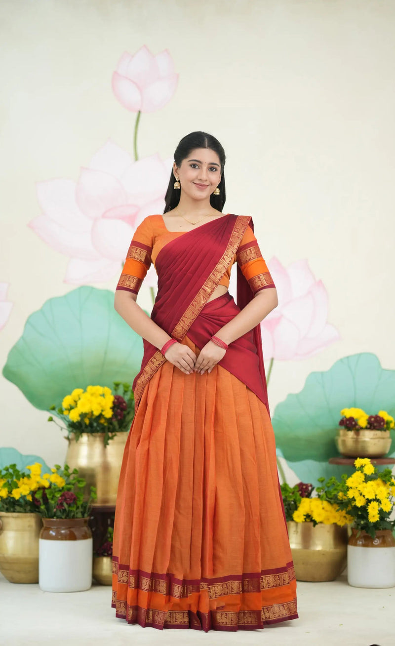 Padmaja Cotton Half Saree in Orange & Red