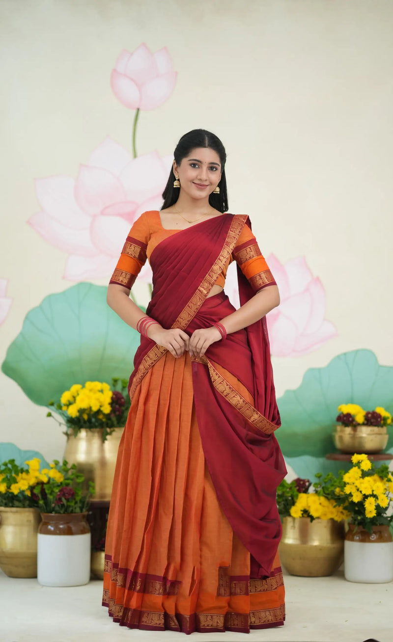 orange red cotton half saree