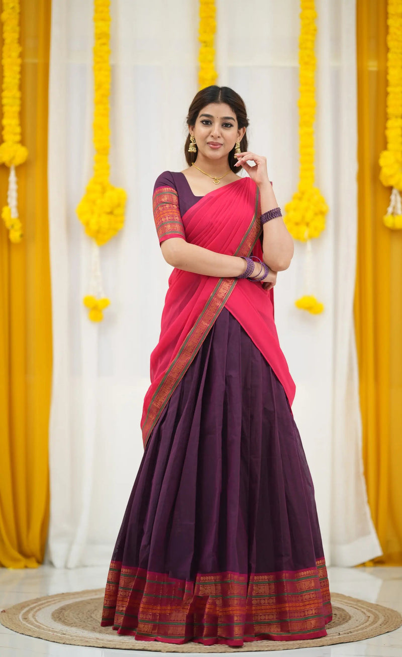 Padmaja Cotton Half Saree in Purple & Pink
