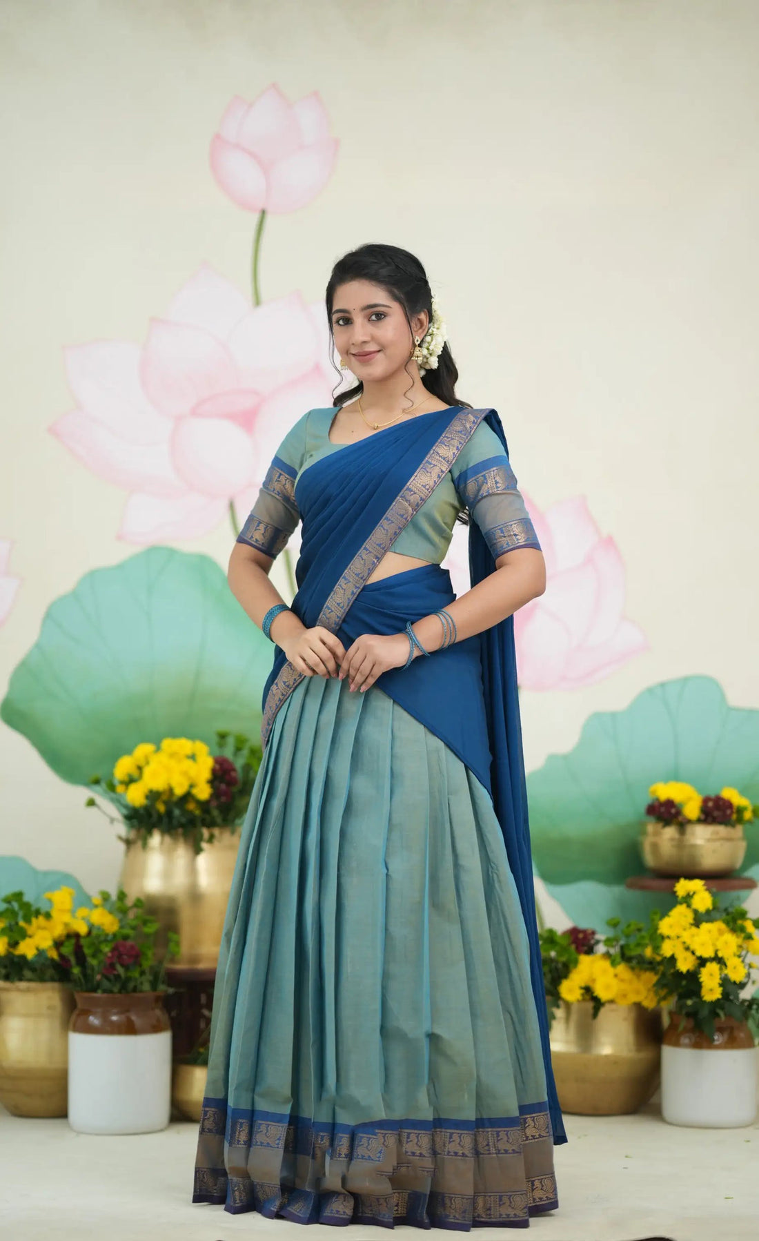 Padmaja Cotton Half Saree in Two-Tone Blue