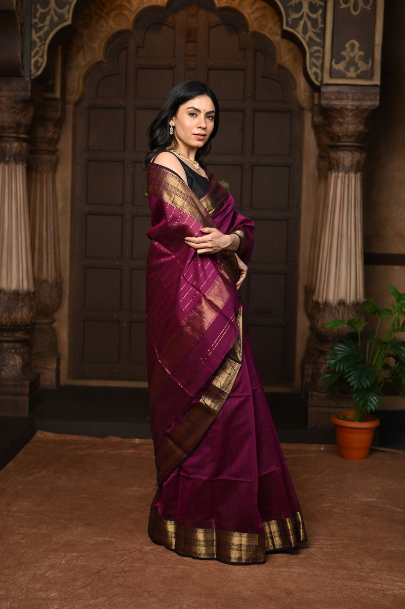 Dark Maroon Handloom Cotton Silk Saree With Golden Border