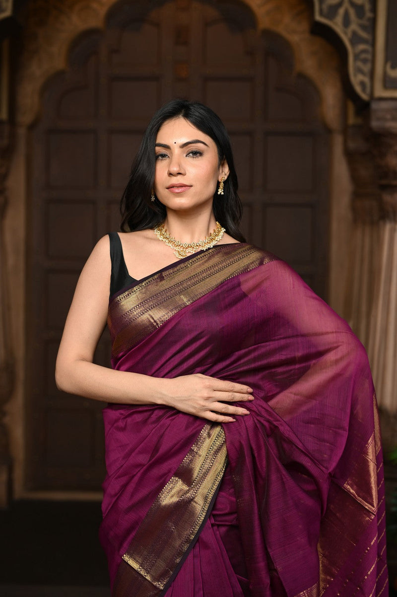 Dark Maroon Handloom Cotton Silk Saree With Golden Border